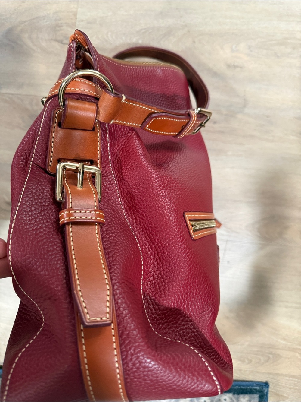 Dooney & Bourke cranberry Leather Shoulder Bag with Tan Trim - Picture 7 of 11